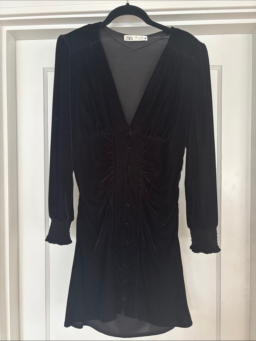 ZARA Black Velvet Long-Sleeve Button Dress, Medium